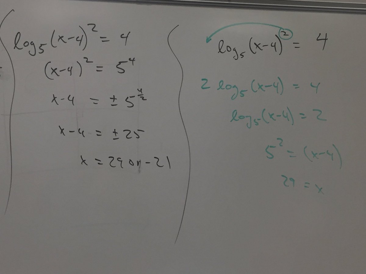 jreulbach's tweet photo. Careful when using log properties! We lost a solution. #alg2Chat @MrCTizzy Math office fun! https://t.co/g24trhFCFu