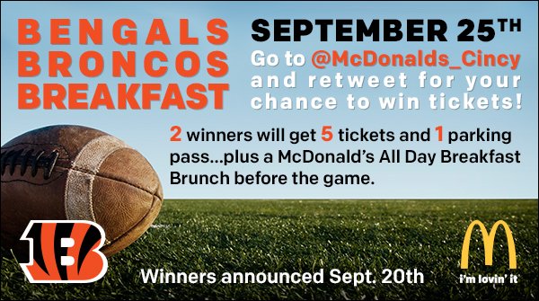 Bengals's tweet photo. Wanna score tix 2 Bengals/Broncos AND Free McDS!? 

Follow @McDonalds_Cincy to learn how! 🏈🍟🍳🐯 https://t.co/CW4oQictMV