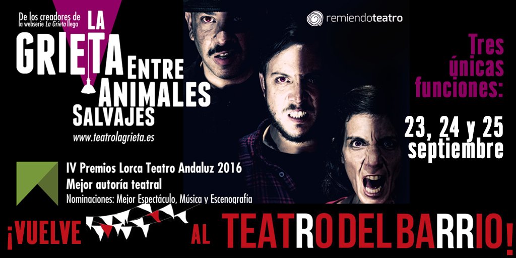Remiendo Teatro (@remiendoteatro) on Twitter photo Un fin de semana rural o cómo nos convertimos en bestias "#LaGrieta, entre animales salvajes" 23-25 en <a href="/teatrobarrio/">Teatro del Barrio</a> Un fin de semana rural o cómo nos convertimos en bestias "#LaGrieta, entre animales salvajes" 23-25 en <a href="/teatrobarrio/">Teatro del Barrio</a>