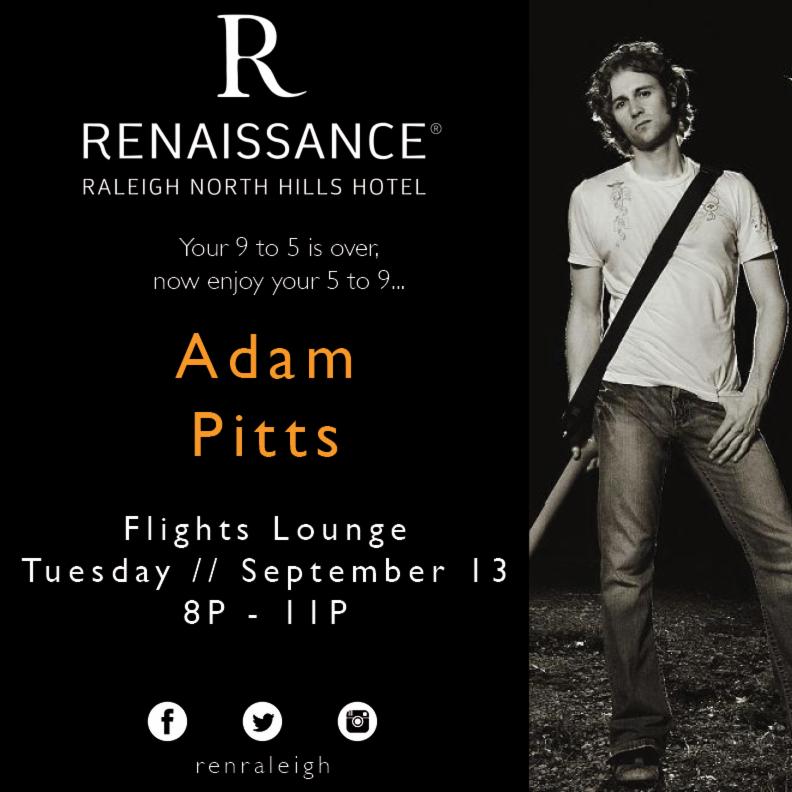 Don't miss Evenings at Renaissance tonight with Adam Pitts
8p-11p in <a href="/Flights4100/">Flights Restaurant</a> Lounge #Raleigh #Renhotels