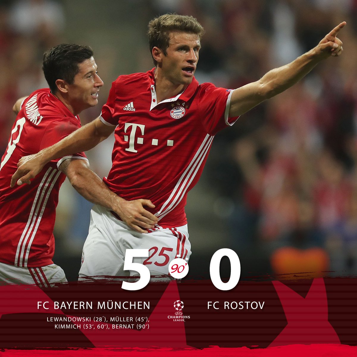 FCBayern's tweet photo. Schlusspfiff! Perfekter Start in die @ChampionsLeague-Saison! Starker Auftritt, Jungs! #FCBROS 5-0 https://t.co/O4V3dngk3Z