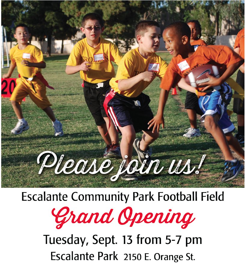 TempeElementary's tweet photo. Bring the whole family &amp; enjoy the grand opening of the Escalante Comm. Park Football Field next to Thew Elementary! https://t.co/1CaGpbI7Fn
