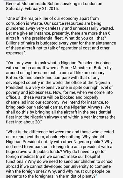 Drruma's tweet photo. I didn't add nor reduce anything, these are words of President Muhammadu Buhari before he won 2015 general election. https://t.co/2zj5727fqv
