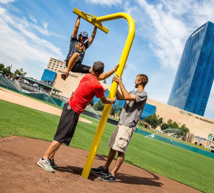 Work hard. Play harder. <a href="/INDYINDIANSTURF/">Grounds Crew</a> getting the field ready for the Victory Field Gridiron Classic #RollTribe