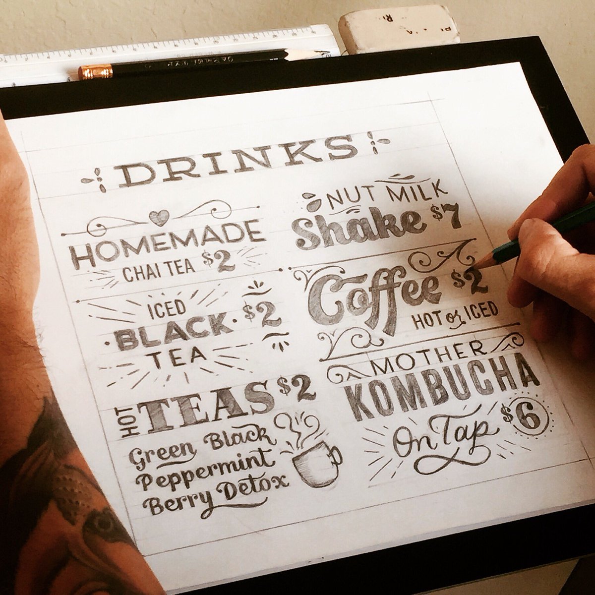 LeoGomezStudio's tweet photo. Process of laying out the type for a menu. This is one of the 3 boards that I will be #handlettering with chalk. https://t.co/6RHnNYaT85