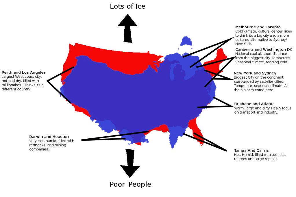 Amazing Maps On Twitter A Fun Map Comparing Australia And The Us With Australia Flipped