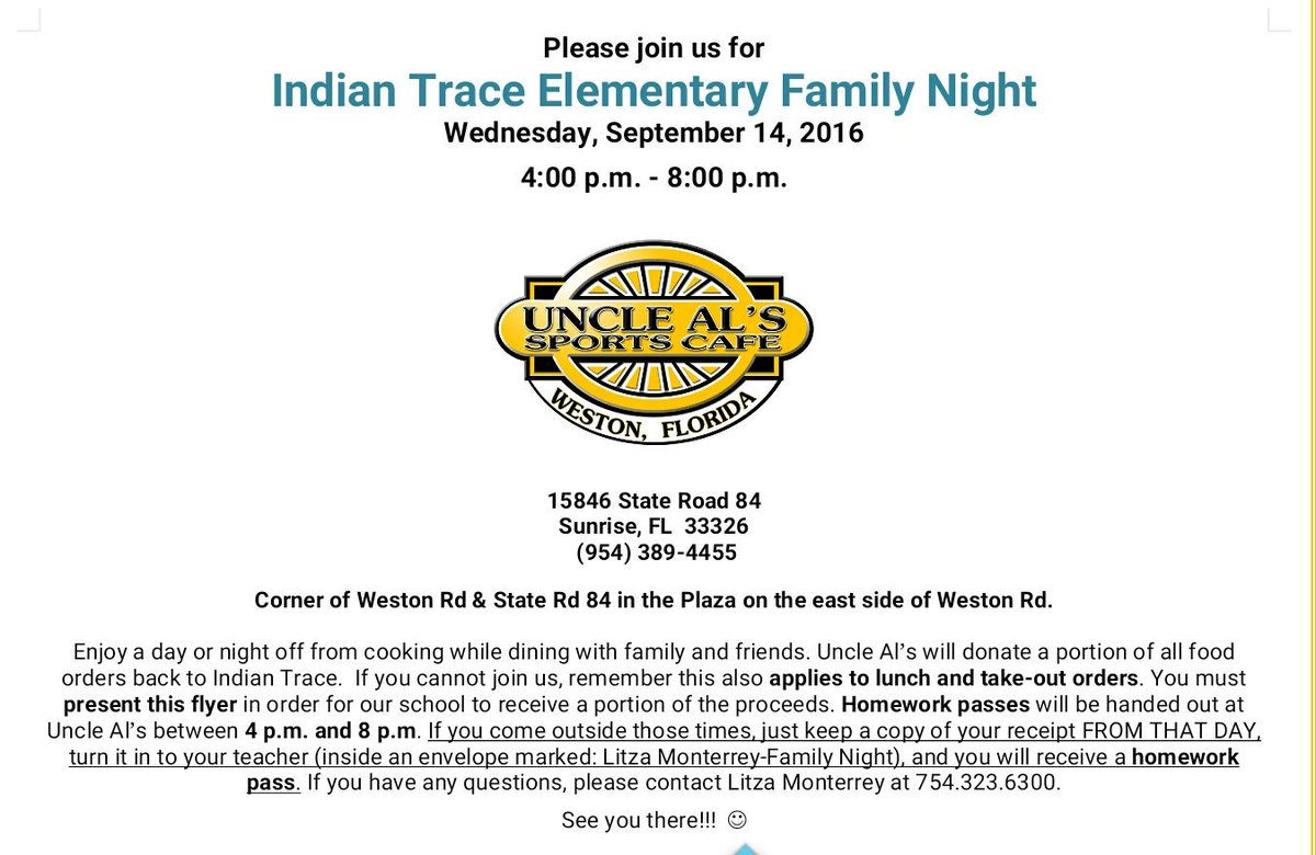 Litza03's tweet photo. Join @IndianTraceElem for Family Night at Uncle Al's on Wednesday 9/14/16. #FirstFamilyNight #UncleAls @Winder_ITE https://t.co/28qIT9ayfq