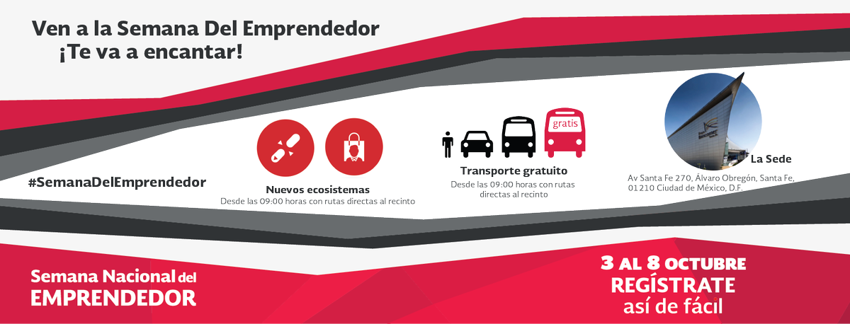 Emprend3's tweet photo. ¡No lo olvides, la #SemanaDelEmprendedor será del 3 al 8 Oct en Expo Santa Fe! Regístrate https://t.co/ptBKeQJD1J https://t.co/OINAjrNUyL
