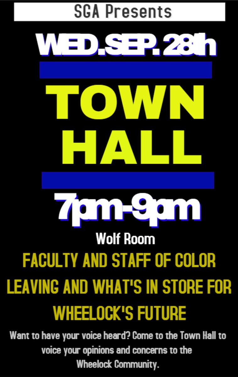 WheelockSGA's tweet photo. President Dr. Chard will be at the first Town Hall of the semester! Join us in the Wolf Room Wednesday Sep. 28 https://t.co/sTJVtiREo1