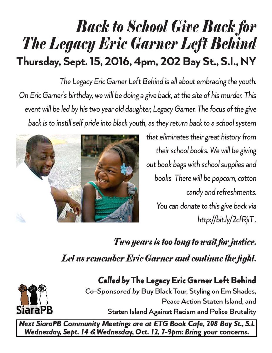 ISLAstaten's tweet photo. Eric Garner's birthday is September 15th! Support this Back-to-School giveback on #StatenIsland @ShaunKing @siarapb https://t.co/UUhAjdf3HR