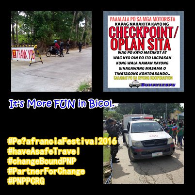 Masbate1stMPMFC's tweet photo. IT'S MORE FUN AND SAFE IN BICOL
#PeṅafranciaFestival2016
#haveAsafeTravel
#changeBoundPNP
#PartnerForChange
#PNPPCRG https://t.co/FzjFXEO1YN