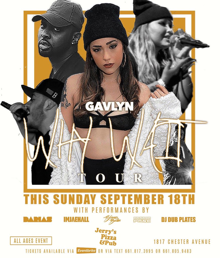Kaboommagazine's tweet photo. @hiigavlyn THIS SUNDAY #WhyWaitTour at &@jerryspizzapub with @youngdarias @imjaehill @blimesbrixton @eraserfase https://t.co/8P5blXvGy2
