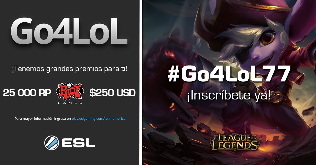 ESLlatam's tweet photo. ¿Qué esperas? Ya puedes anotarte con tus amigos en #Go4LoL77
https://t.co/jRYoJK9Hzt
https://t.co/svD61CQ9VH https://t.co/MA2T9BvIO7