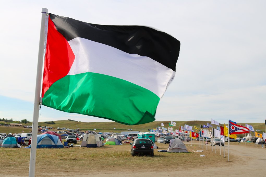 no_platform's tweet photo. Palestinian flag &amp; international, multinational solidarity well represented at #NoDAPL encampment #WaterIsLife https://t.co/JXohuLN9hR