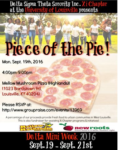Come out to our first Xi Delta Mini Week Event: "Piece of the Pie"! When we eat, families in need can eat as well!