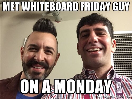 MattLatt's tweet photo. Accidentally trapped in a stairwell with @randfish during #MozCon - selfie turned into meme by C1s own @EConlen https://t.co/5OVsTB4RGL