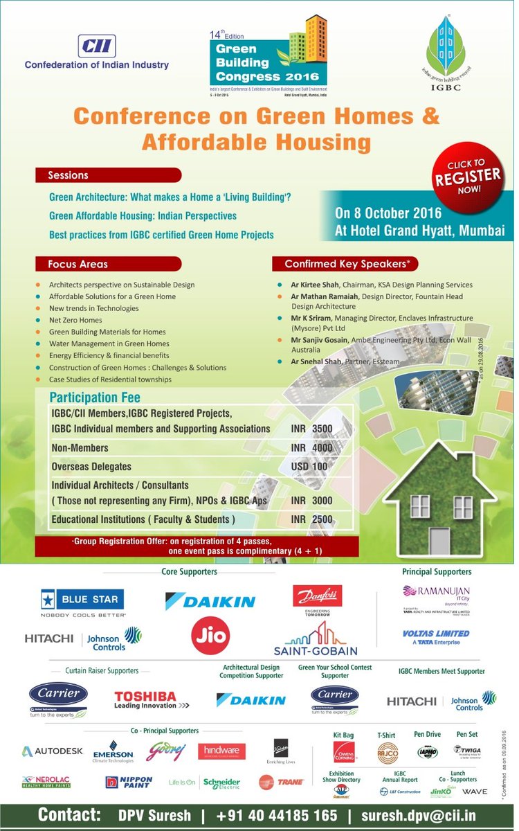 Igbc2016's tweet photo. Conference on Green Homes &amp; Affordable Housing on 8 Oct'16 at Grand hyatt Mumbai as part of Green Building Congress https://t.co/MUNie8rsLe