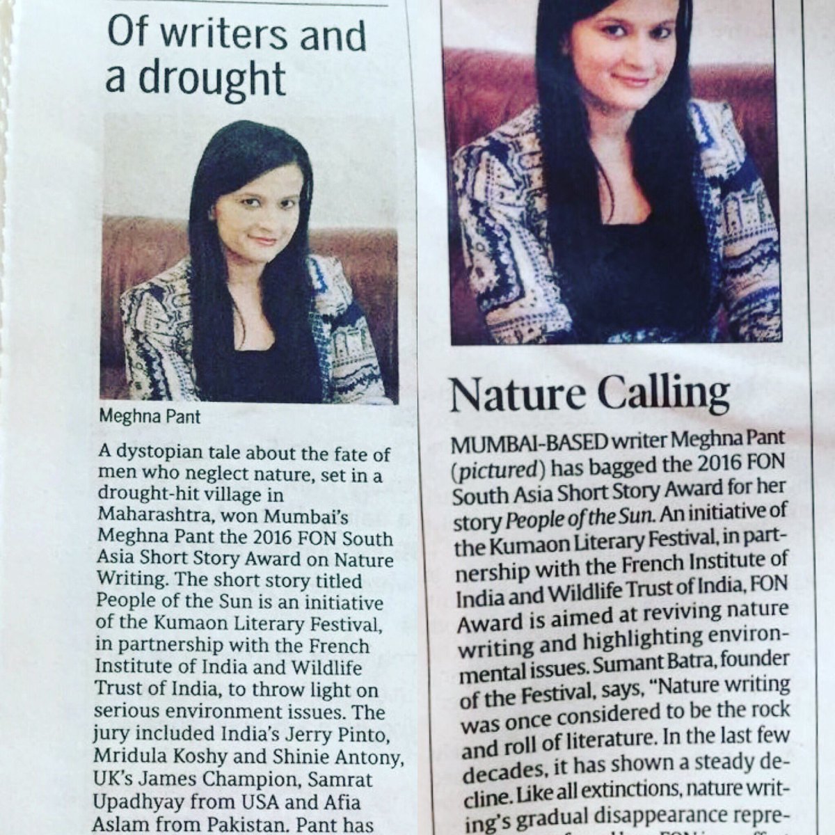 MeghnaPant's tweet photo. Thank you @mid_day @IndianExpress for covering my win of the 2016 @FellowsOfNature Short Story Award. https://t.co/rQZ7ntIsvC