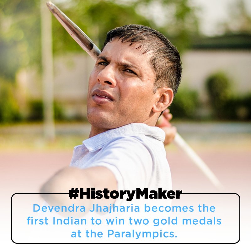 HISTORYTV18's tweet photo. #HistoryMaker #DevendraJhajharia beat his own World Record to win his 2nd gold medal!Now that's a historical win! https://t.co/P0dNmRaFSS