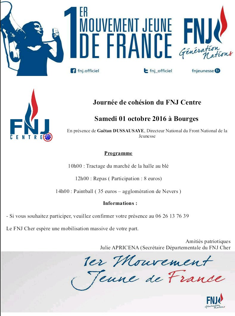 JulieApricena's tweet photo. Journée de cohésion des #FNJCentre le 01 Octobre à #Bourges.
Venez nombreux !
#AvecMarine #FNJCher https://t.co/gXuegXix2t