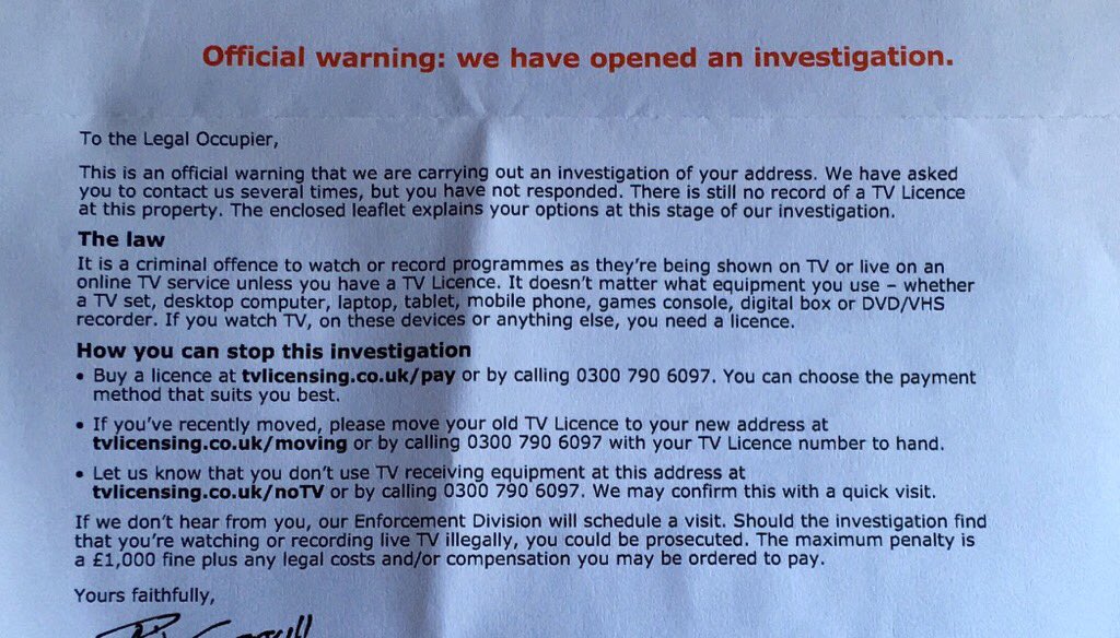 stacyherbert's tweet photo. For my American followers, this is the UK. My friend received this today. She hasn't ever had a TV. #NotNorthKorea https://t.co/USMH4xP6yA