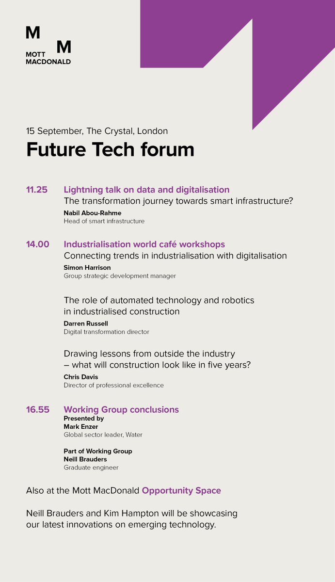 MottMacDonald's tweet photo. Make sure to check out our presenters & opportunity space at #NCEFutureTech tomorrow https://t.co/zM7Wd6Sb31 https://t.co/UFio7oA86b