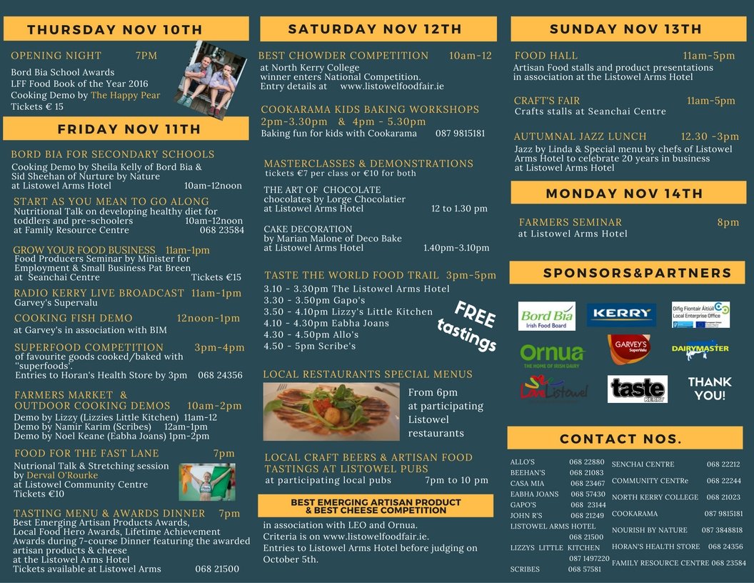 ListowelFood's tweet photo. #llf16 events,demos,dinners,classes @JohnBKeaneBar @nkerrycollege @LoveListowel @tastekerry1 @thehappypear https://t.co/A3hK9fJE1H