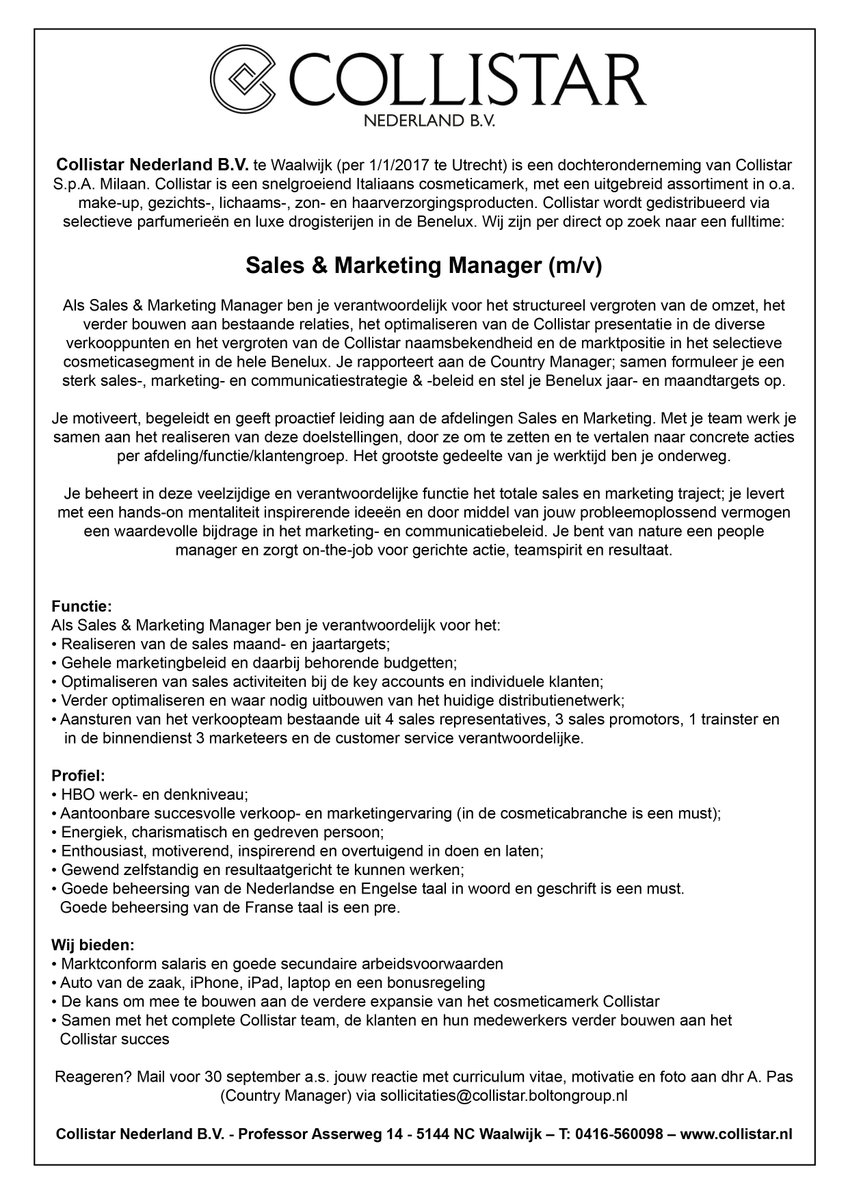 CollistarNL's tweet photo. GEZOCHT: Manager Sales &amp; Marketing Benelux met leidinggevende ervaring in de branche (UT). Lid van @NCV_Cosmetica https://t.co/zygkyu9V8e