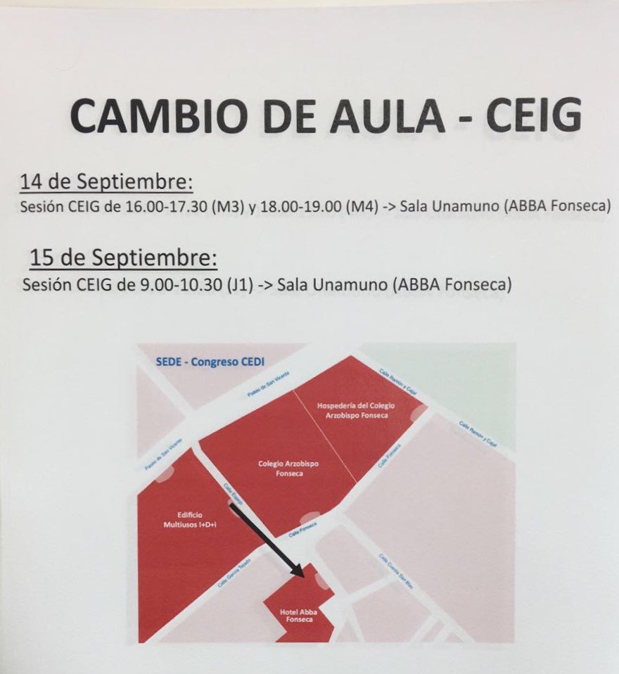 CEDI_Salamanca's tweet photo. Se ha procedido al cambio de aula para #CEIG2016. Os adjuntamos la información #CEDI2016 https://t.co/cSr8mddkPr