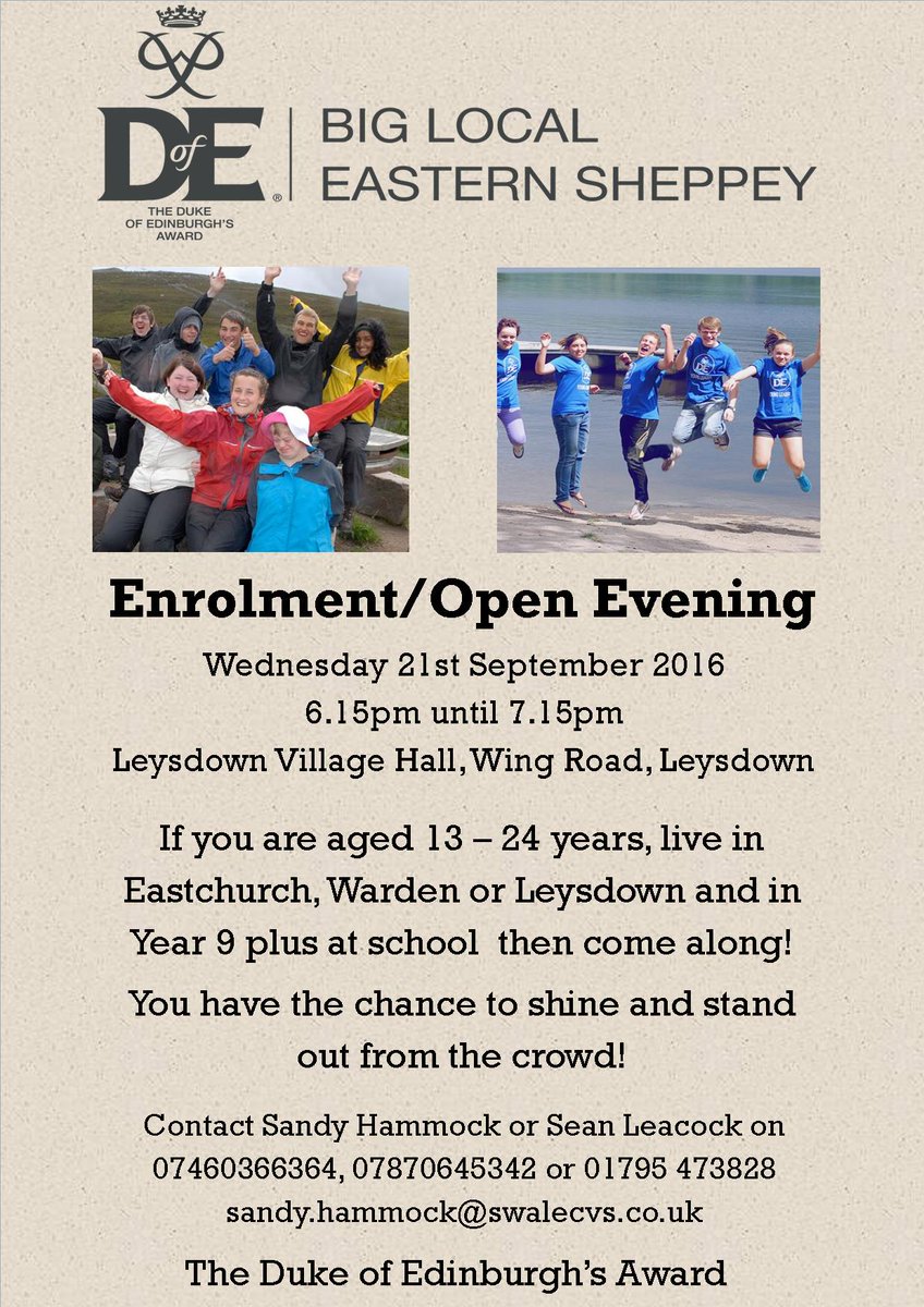 DofE_Sheppey's tweet photo. Our next Enrolment Evening is next week!  Please RT #sheppey #youth #youngpeople #DofE https://t.co/cGXee1o614