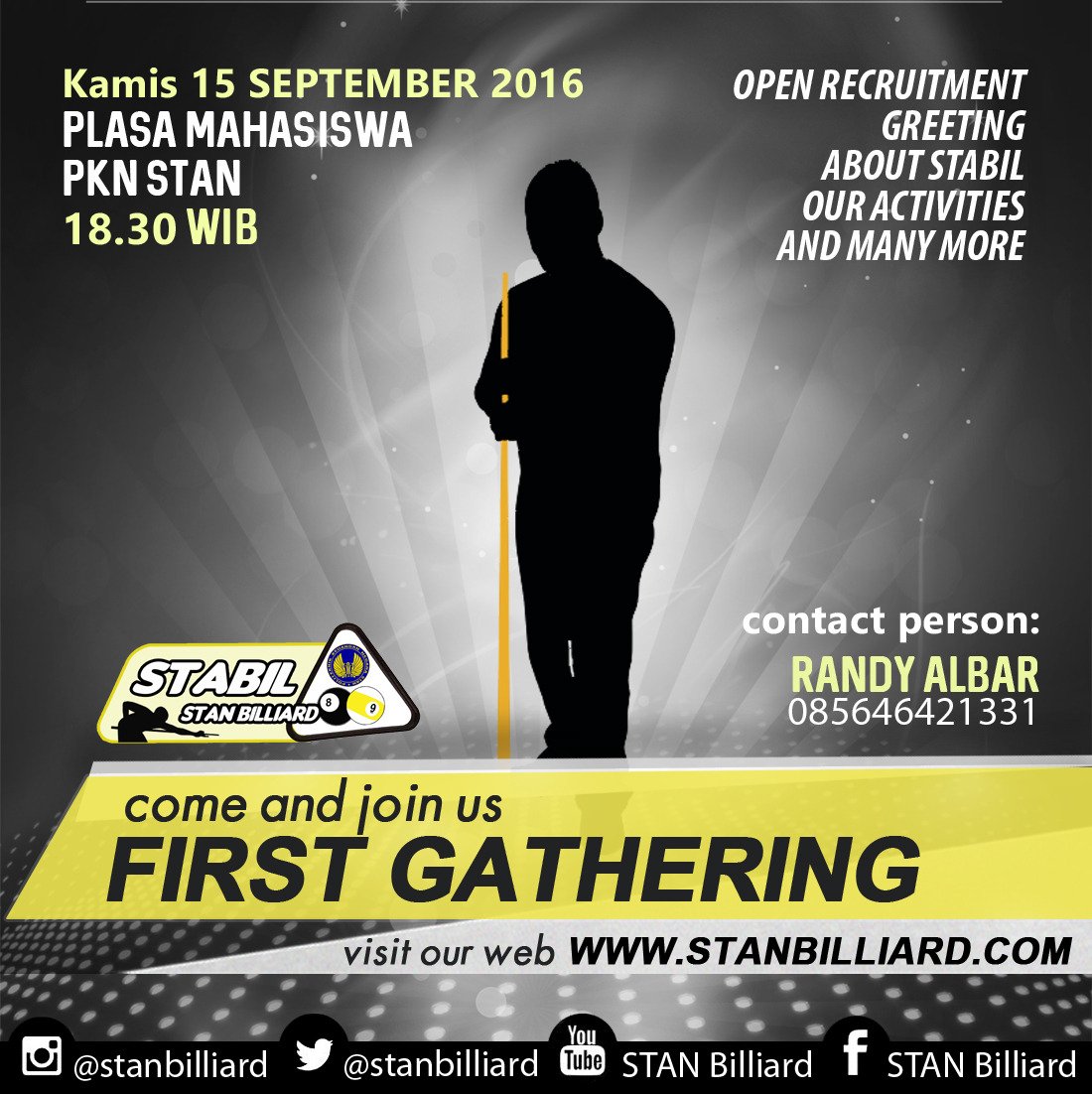 STANbilliard's tweet photo. Our first Gathering
Kamis 15/9/16
@ Plasa Mahasiswa STAN 18.30
CP: Randy 085646421331
web: https://t.co/1fvFz44yZM https://t.co/UpGfEK4vTV