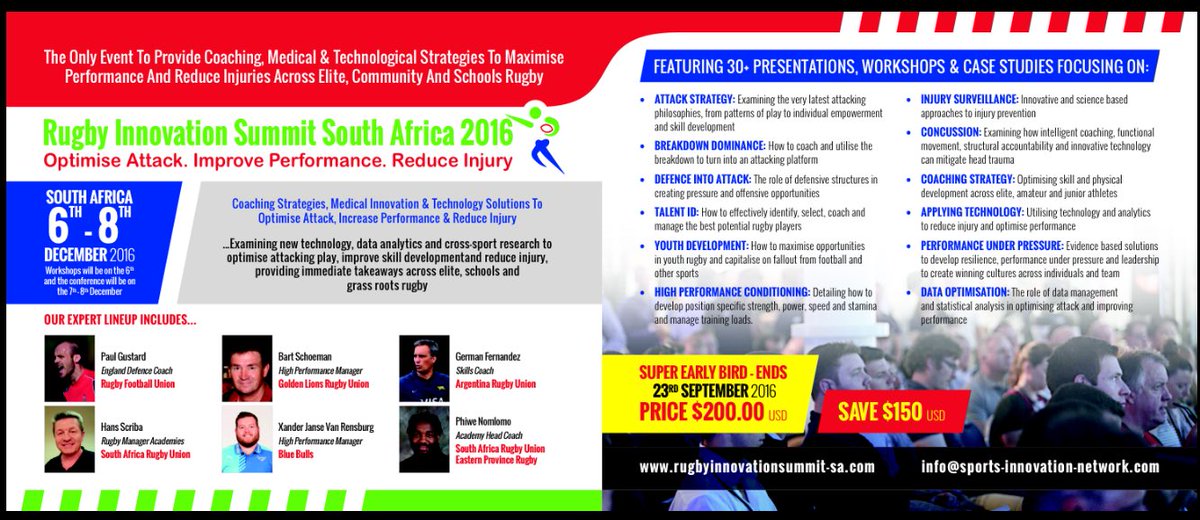 SportsInnovNet's tweet image. Book today for Super Early Bird Tickets. #RugbyInnovation #SouthAfrica