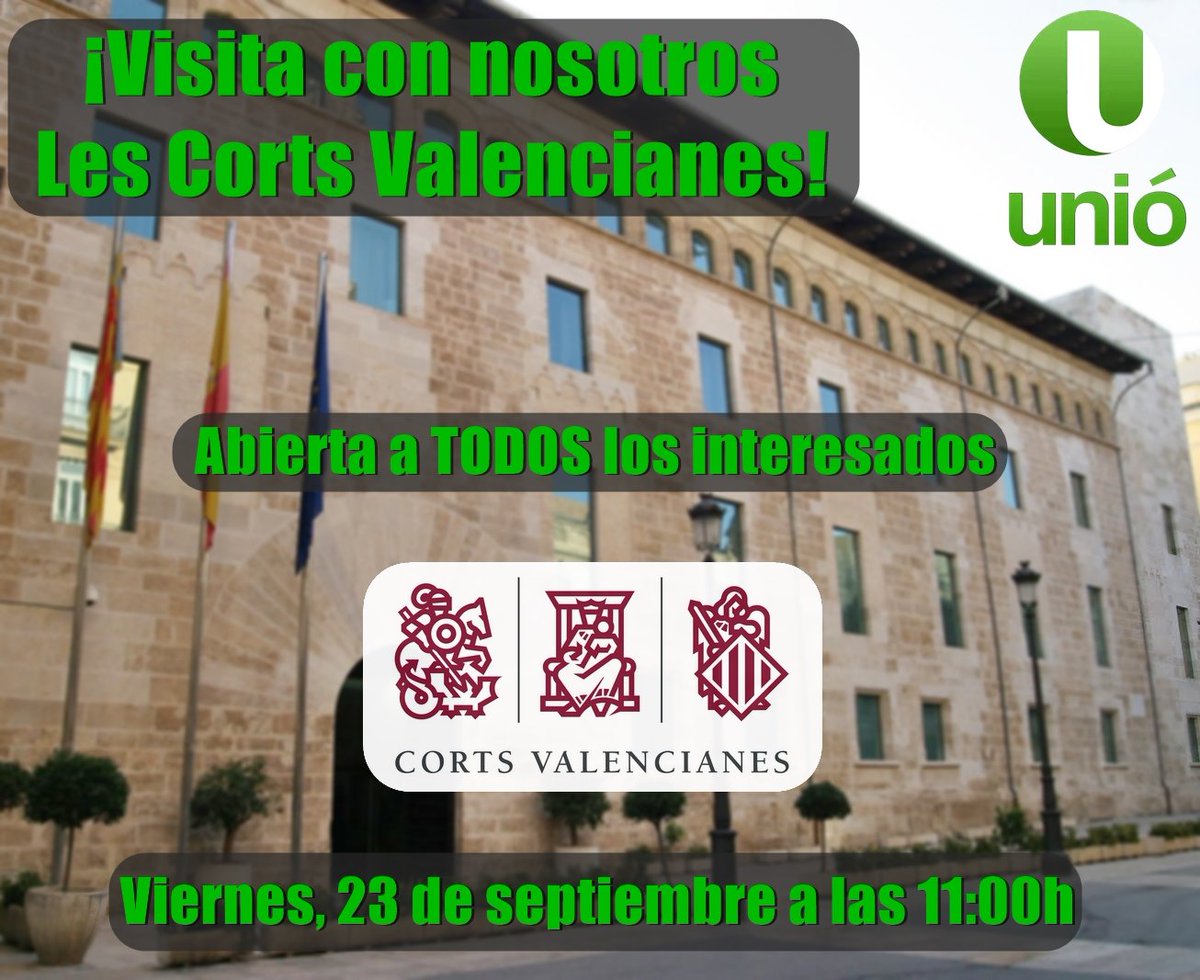 ¡Visita con <a href="/UnioEV/">Unió EV</a> Les Corts Valencianes!
El 23/09 a las 11h, realizaremos visita guiada del palacio. Os esperamos!
