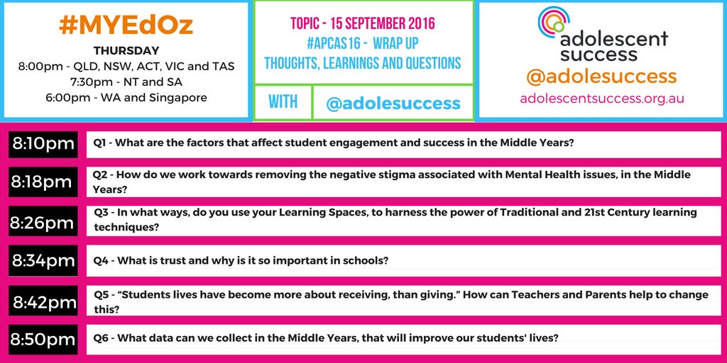 adolesuccess's tweet photo. Here are tomorrow's #APCAS16 Wrap Up Qs for #MYEdOz. We hope you you can join us for the chat. https://t.co/6RElaeCwXi
