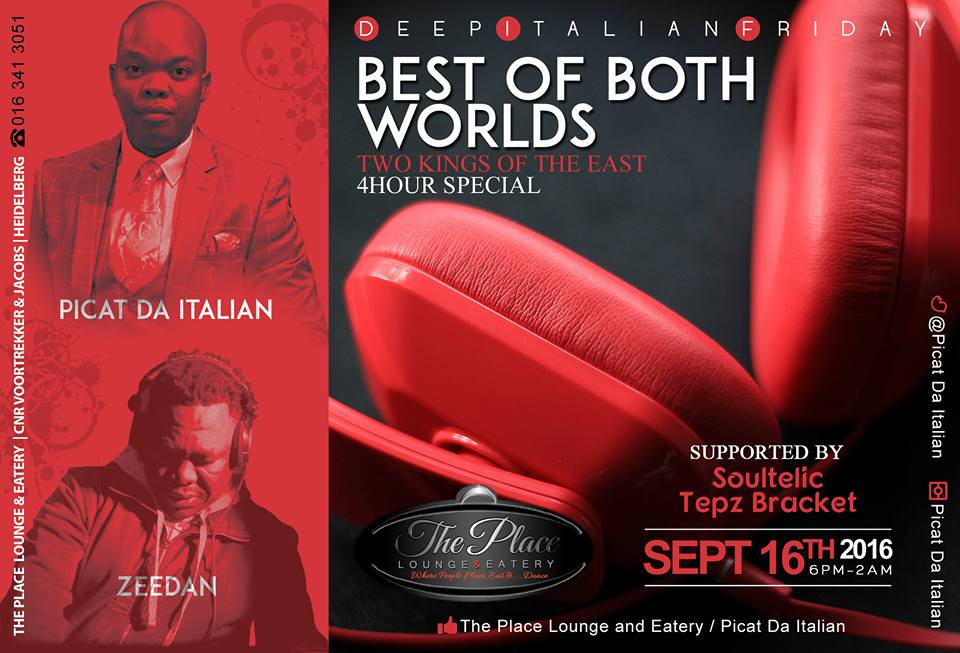 ZeedanM's tweet photo. Best Of Both Worlds
Zeedan Of House & @PicatDaItalian
#4HourSpecial
#ThePlaceLounge
#HOUSE https://t.co/udCbGOojaF