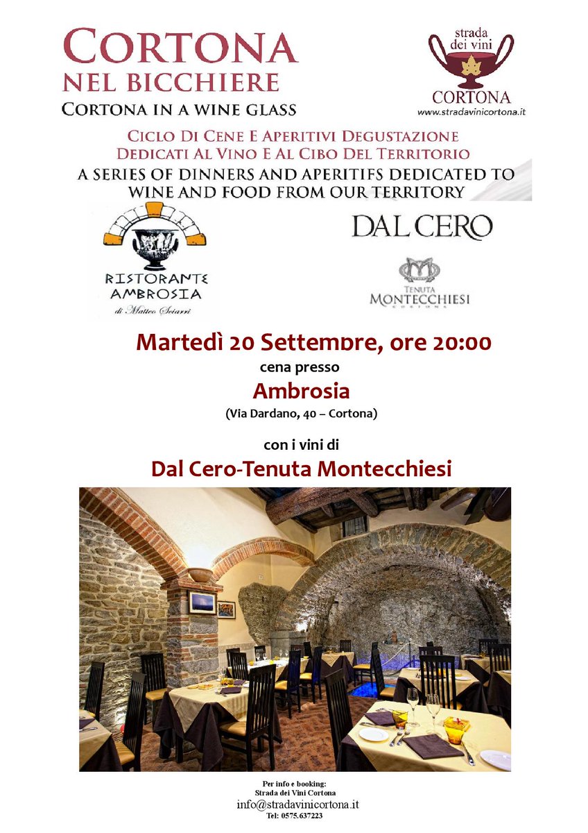 vinicortona's tweet photo. #cortonanelbicchiere al Ristorante Ambrosia, con i vini di Dal Cero-Tenuta Montecchiesi!
@matteoambrosia https://t.co/f3u88ceeK1