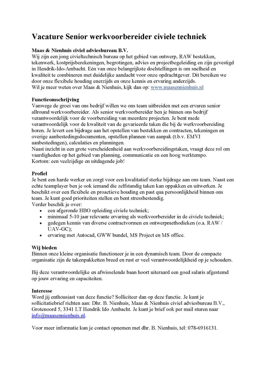 Maas Nienhuis On Twitter Gezocht Senior Werkvoorbereider Civiele Techniek Werk Vacature Civiele Techniek Civieletechniek Rt Mag Https T Co Zfkvuscuwk Twitter