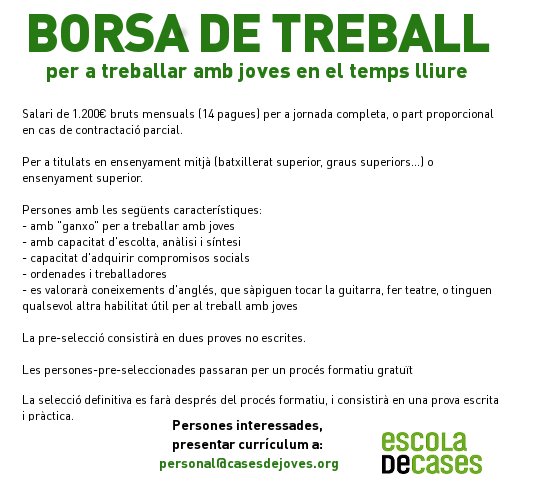 QuartJove's tweet photo. Oberta Borsa de treball per a treballar amb #joves en el T.L. d'@Escoladecases  
https://t.co/DXK5Ds2li5 #XarxaJove https://t.co/JwZLM0nOnl