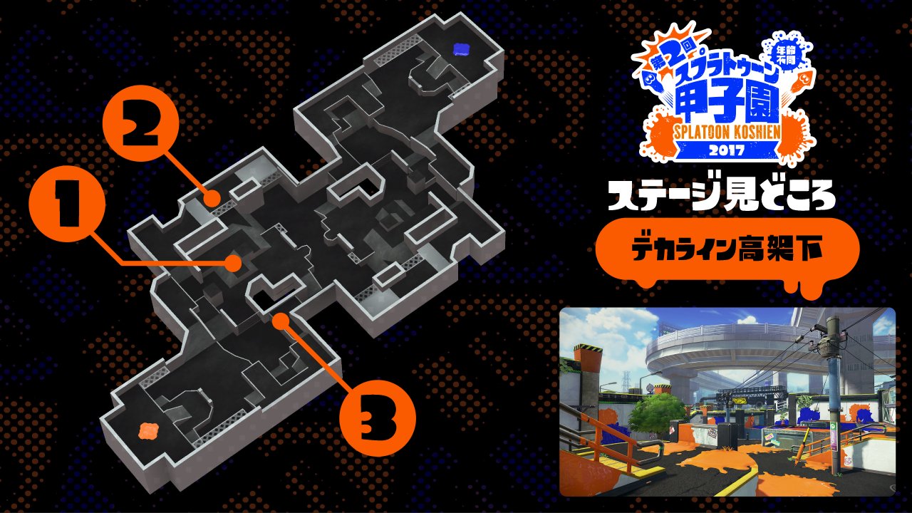 Splatoon スプラトゥーン 大会ステージの見どころをお伝えしていく 甲子園ステージの１つ デカライン高架下 発売当初から遊べるステージだが 大規模改修を経て変化に富んだステージに生まれ変わった 中央の広場に向かう３つのルートの使い分けが