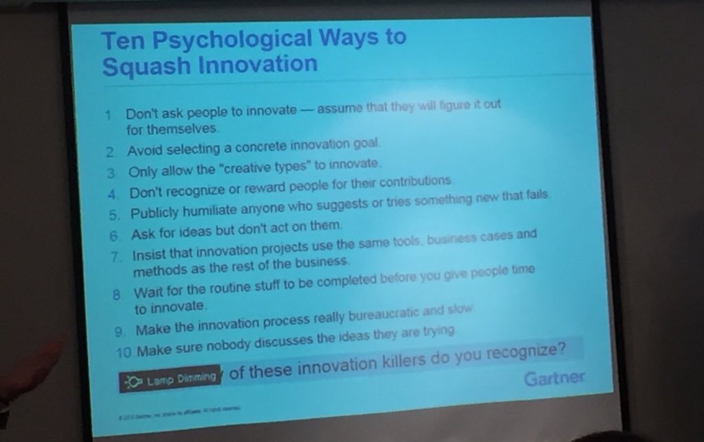 Nealdooly's tweet photo. #gartnerireland local briefing on #innovation with Gartner analyst Patrick Meehan. Ten ways to kill innovation. https://t.co/wNczq9BzzX