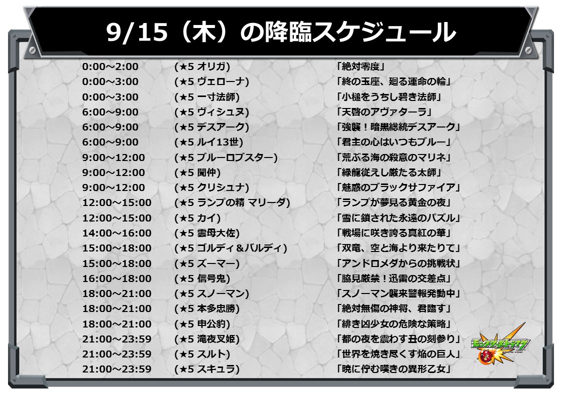 تويتر モンスターストライク公式 モンスト على تويتر 降臨情報 明日 9 15 は 以下のスケジュールで出現 モンスト T Co Wez2g7qjpz تويتر モンスターストライク公式 モンスト على تويتر 降臨情報 明日 9 15 は 以下のスケジュールで出現 モンスト T Co Wez2g7qjpz