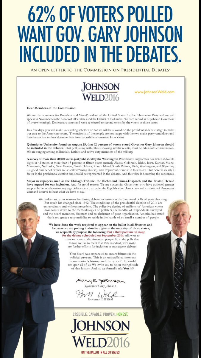 PaLibertarians's tweet photo. @GovGaryJohnson and @BillWeld to include this as a full page ad in the @nytimes to #LetGaryDebate https://t.co/65Fma9yD2h