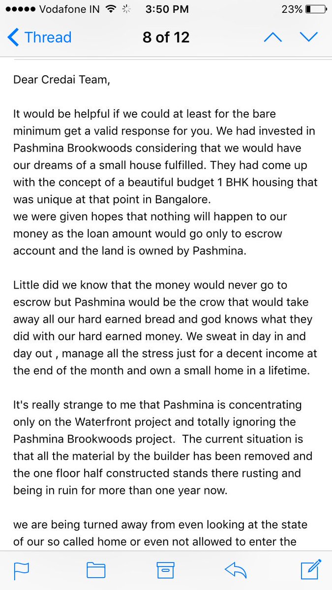 prashaanth's tweet photo. @CREDAINational @CredaiBengaluru   We'l keep the complaints flowin against ur accredited vendor #pashminabrookwoods https://t.co/40iYCj2Mwp