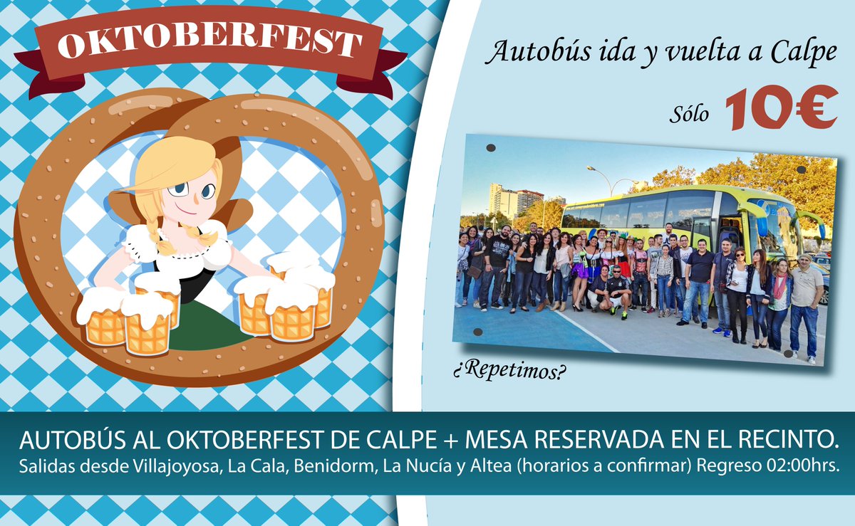 microfiesta's tweet image. Autobús + mesa en el recinto SÓLO 10€ por persona Reserva plaza ow.ly/d7gT3047GOJ 🚌🚌 #OktoberfestCalpe
