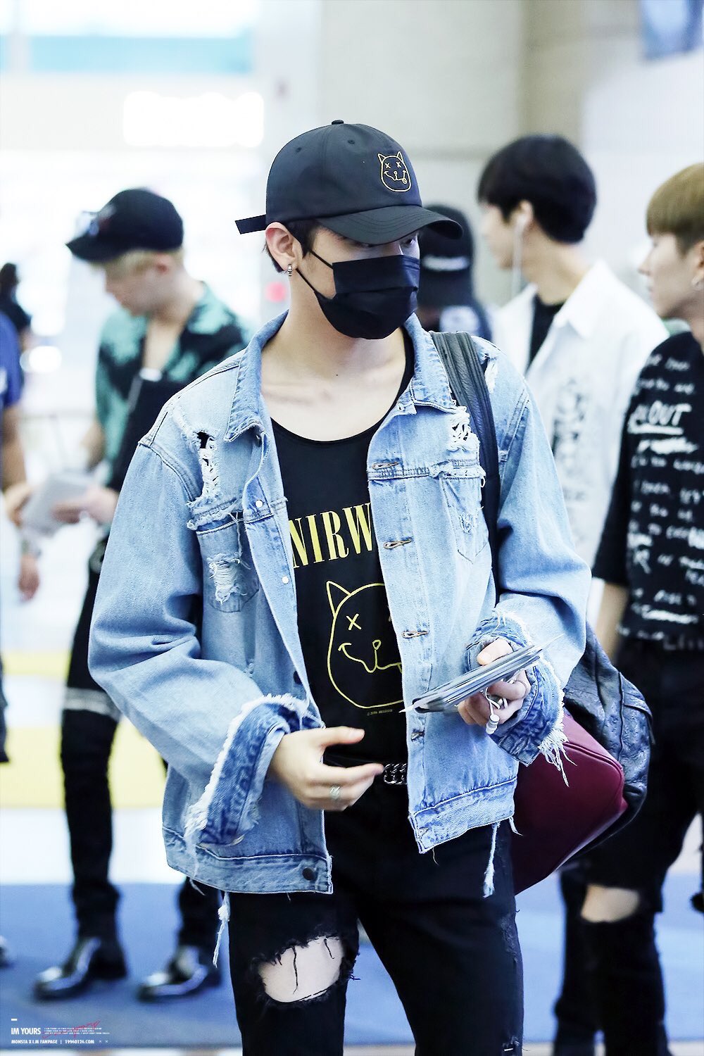 changkyun outfits on X nirvana tshirt denim jacket black ripped jeans simple cap black facemask https t JipqiXzsdW X