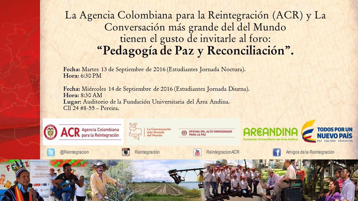 ConversacionCOL's tweet photo. Hoy #Conversaremos desde #Pereira sobre Pedagogía de Paz y Reconciliación en @Areandina a las 8:30 am https://t.co/GTwT2Sf7IW