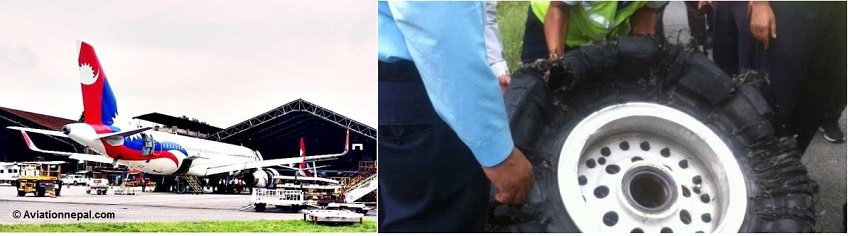 Nepal Airlines flight #RA206 A320 (9N-AKX) tire burst on landing at Kathmandu Airport http://aviationnepal.com/