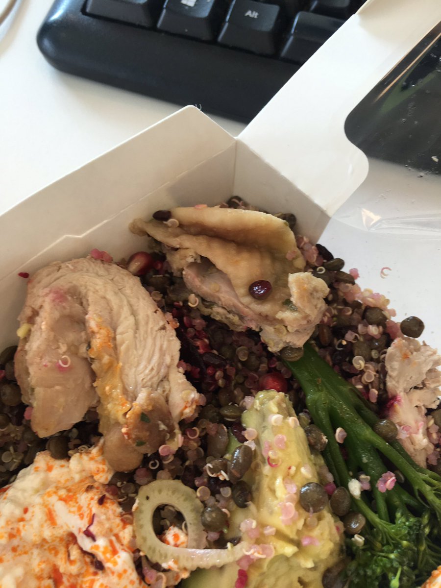 Very grim skin on sweaty sad chicken in my <a href="/jamieoliver/">Jamie Oliver</a> superfood salad. 😐