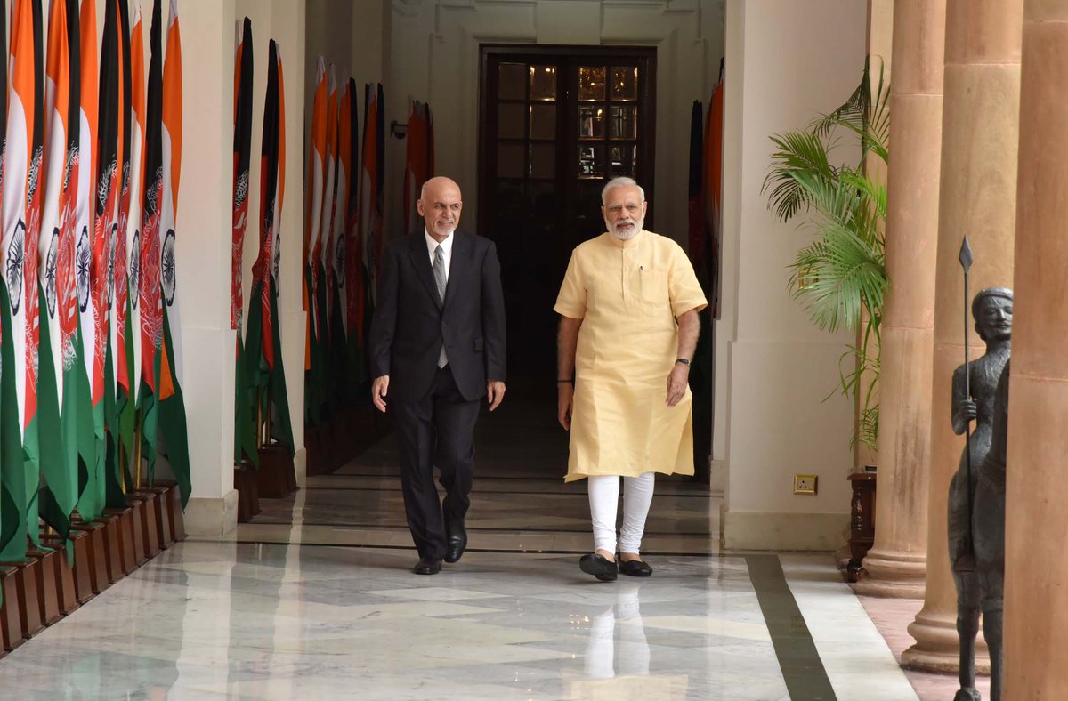narendramodi's tweet photo. Glad to have met President @ashrafghani in Delhi. We had extensive talks on India-Afghanistan ties. @ARG_AFG https://t.co/5EgOtwEXuN