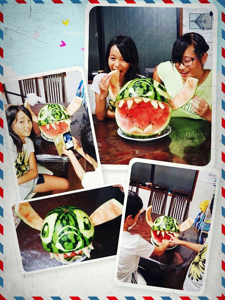 ru5bro222's tweet photo. 携帯復活しました〜！
ってことで…記念に？？ではありませんが。
どデカイおばけスイカ🍉アート
食べるのもったいなかったけど…
がっつりいただきました…とさ。 https://t.co/5wsM7l8dZf